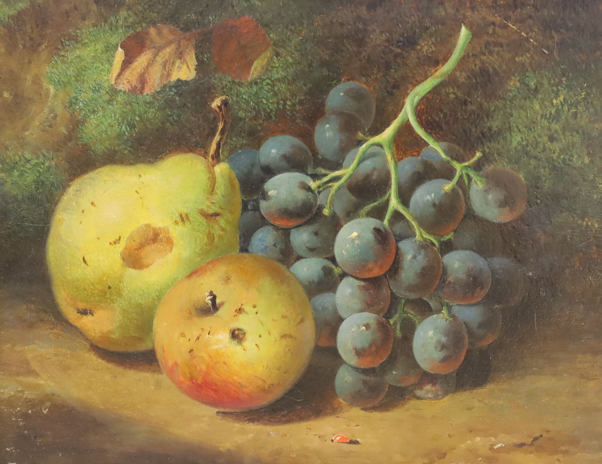 Victorian School, oil on board, Still life of a pear, apple and grapes, 22 x 27cm and a similar oil on canvas, 27 x 22cm